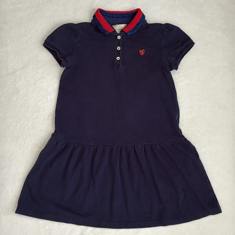 Gucci | Heart Patch Stripe Knit Collar Short Sleeve Pique Polo Dress Navy Blue 8 - Picture 16 of 16